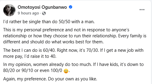 Omotoyosi Ogunbanwo: "I'd Rather Be Single Than Split Bills 50/50"